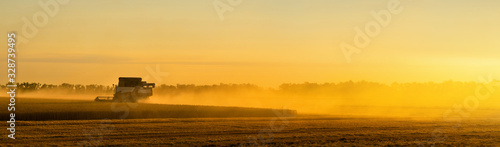 Combine harvester on the field at sunset. © scharfsinn86