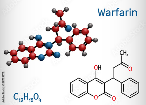 Warfarin, C19H16O4 molecule. Warfarin is an anticoagulant drug normally used to prevent blood clot formation. Structural chemical formula and molecule model