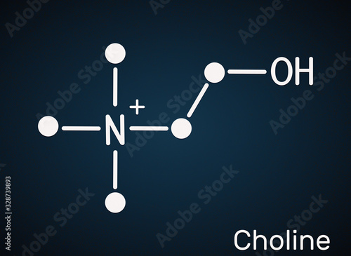 Choline,  C5H14NO+ , vitamin-like essential nutrien molecule. It is a constituent of lecithin. Skeletal chemical formula photo