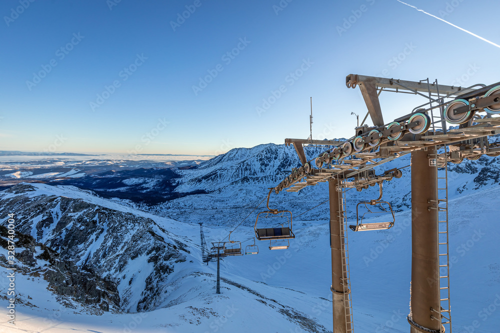Mountain cableway from Kasprowy wierch in winter Mountain cableway from Kasprowy wierch in winter