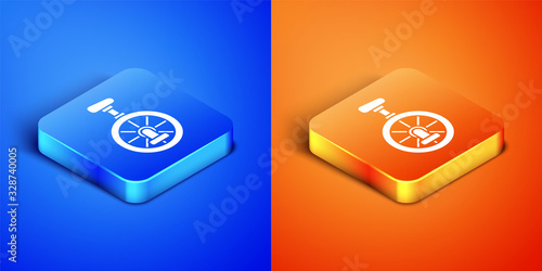 Isometric Unicycle or one wheel bicycle icon isolated on blue and orange background. Monowheel bicycle. Square button. Vector Illustration