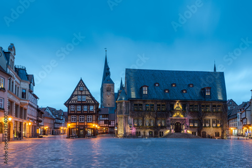 Town hall square of Quedlinburg, Germany in the evening during blue hour