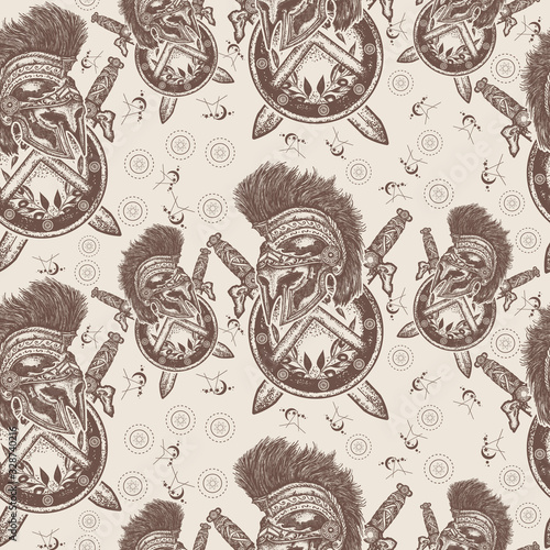 Spartan helmet crossed swords and shield. Seamless pattern. Packing old paper, scrapbooking style. Vintage background. Medieval manuscript, engraving art. Symbol of bravery, fight, hero, army
