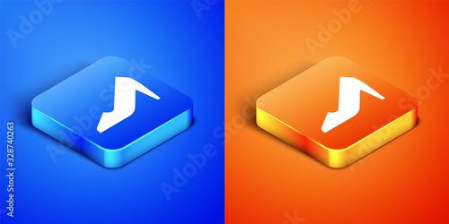 Isometric Woman shoe with high heel icon isolated on blue and orange background. 8 March. International Happy Women Day. Square button. Vector Illustration