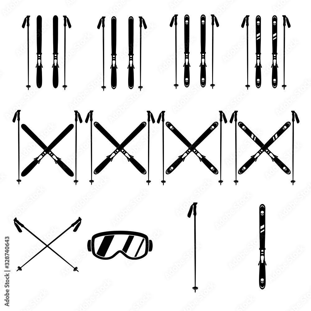 Skiing gear set.  Assortment of skis, poles, and goggles. Silhouette icons. - obrazy, fototapety, plakaty 