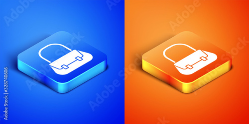 Isometric Handbag icon isolated on blue and orange background. Female handbag sign. Glamour casual baggage symbol. Square button. Vector Illustration