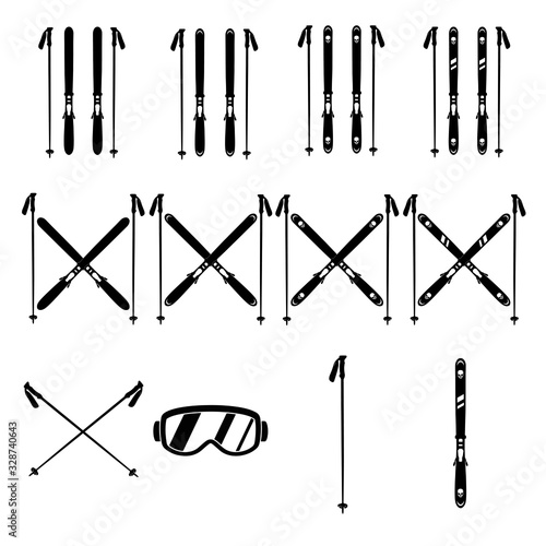 Skiing gear set.  Assortment of skis, poles, and goggles. Silhouette icons.