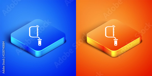 Isometric Hacksaw icon isolated on blue and orange background. Metal saw for wood and metal. Square button. Vector Illustration