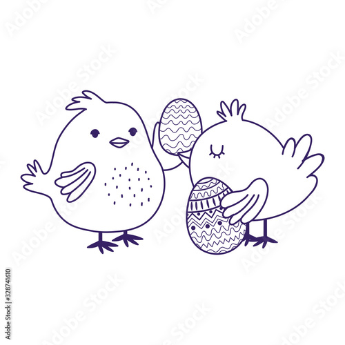 happy easter day, cute chickens with eggs decoration party