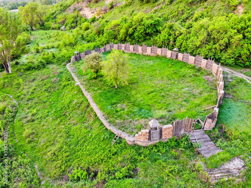 Ruins of ancient frotress from above. Aerial view photo