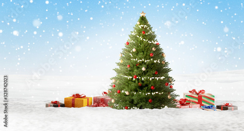 decorated christmas fir and presents 3d-illustration