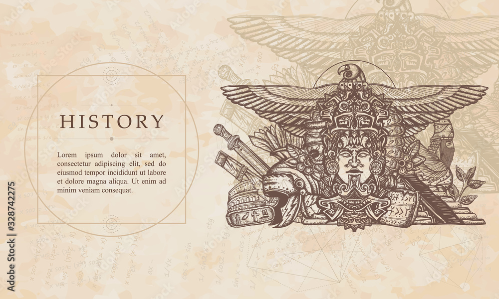 History of the old world. Totem Maya, Egypt gods, pyramids of sumers, helmet and sword Roman gladiator. Renaissance background. Medieval manuscript, engraving art