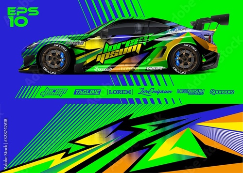 Car graphic livery design vector. Abstract stripe racing background for wrap race car  rally  drift car  cargo van  pickup truck and adventure vehicle. Full vector Eps 10.