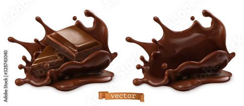 Piece of chocolate and chocolate splash. 3d vector realistic food objects