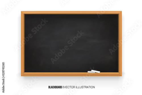Chalkboard 3D. Realistic black blackboard in wooden frame isolated on white background.chalk on a blackboard.Rubbed out dirty chalkboard. Background for school or restaurant design, menu.vector