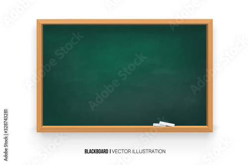 Chalkboard 3D. Realistic green blackboard in wooden frame isolated on white background.chalk on a blackboard.Rubbed out dirty chalkboard. Background for school or restaurant design, menu.vector
