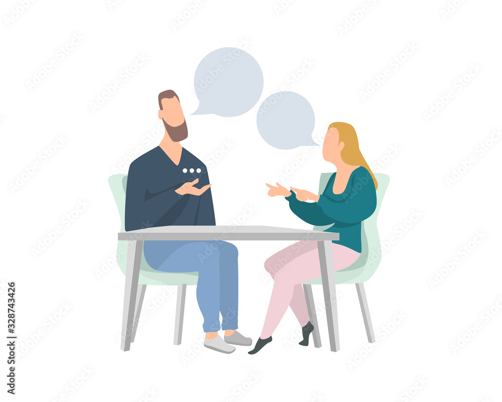 Man and woman chatting online on their smartphones. sending messages. Flat cartoon vector illustration.friends or colleagues talking in a cafe.Concept of social network communication.