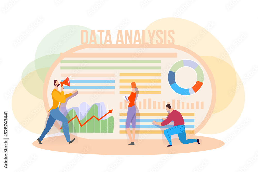 People build a dashboard and interact with graphs.vector business illustration, office workers analyze company growth.study statistics. Flat style vector illustration. People build a dashboard and interact with graphs.vector business illustration, office workers analyze company growth.study statistics. Flat style vector illustration.