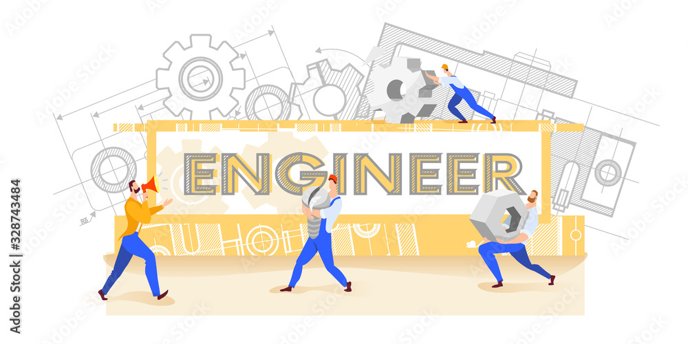 Construction Worker People teamwork ,Building industry concept.Workers carry construction details. Abstract background with various drawings and diagrams. Screw, nut and gear.Vector illustration