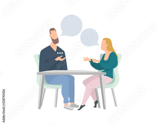 Man and woman chatting online on their smartphones. sending messages. Flat cartoon vector illustration.friends or colleagues talking in a cafe.Concept of social network communication.