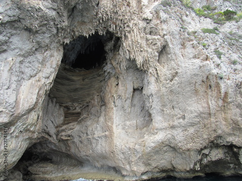 View of Grotta Bianca, or the White Grotto, on Capri, Italy which has the rock formation that resembles the Virgin Mary 