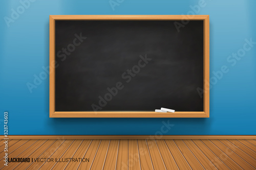 Room with a blackboard on the wall. 3D board. Realistic black board in a wooden frame. Empty room with a blue wall and wooden floor. vector