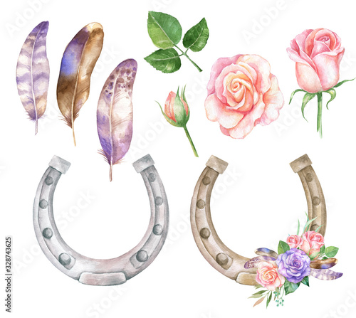 Watercolor illustration with horseshoes and floral decor and feathers.