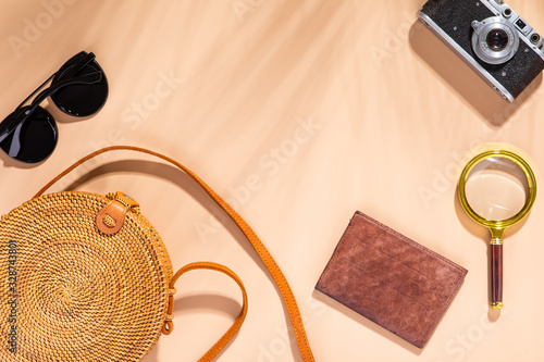 Trendy summer background. Summertime vacation travel concept. Copy space, nat...