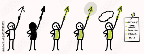 Hand drawn stick figure pointing arrow up. Concept of direction, success, motion. Simple vector stickman line art icon. Symbol sign with speech bubble. Isolated set of 5 in simple crayon doodle color.