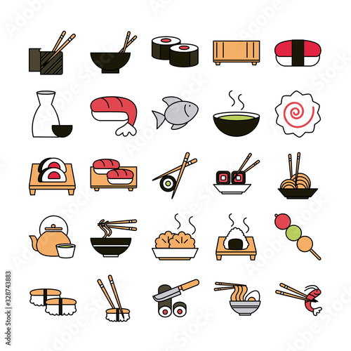 sushi oriental menu icons set line and fill style icon