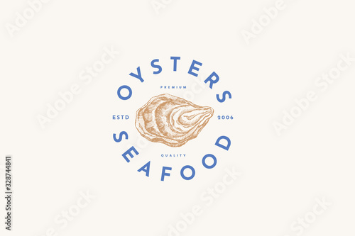 Hand-drawn oyster shell vector illustration. Logo template for a menu of a fish restaurant, market or seafood store. Emblem of delicacy in the engraving style on a light background.