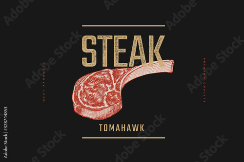 Tomahawk steak vector illustration. Hand-drawn slice of meat tenderloin on black background. Concept of fresh farm products. Design element for menu, flyer, poster of butcher shop, market, restaurant.