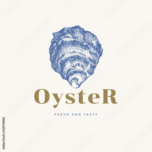 Hand-drawn oyster Belon vector illustration. Engraved clam in engraving style on a light background. The menu design element of a fish restaurant, market or store.