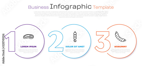 Set line Steak meat, Grilled shish kebab on skewer stick and Sausage. Business infographic template. Vector