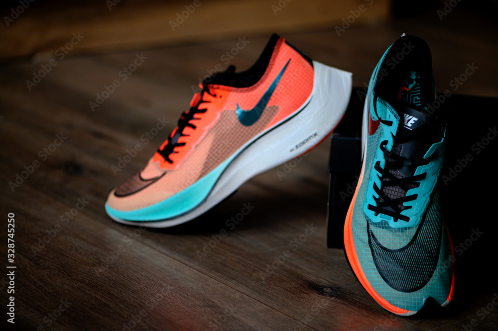 BANGKOK, THAILAND, MARCH 7. 2020: Nike running shoes Vaporfly NEXT%. Controversial Athletics marathon shoe, Ekiden Color version, Detail view Zoom foam and Nike Flyknit uppers, Stock Photo | Adobe Stock