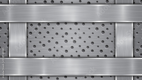 Background in silver and gray colors, consisting of a perforated metallic surface with holes and vertical and horizontal polished plates located on four sides, with a metal texture and shiny edges