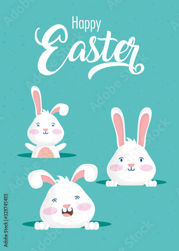 happy easter celebration card with rabbits characters