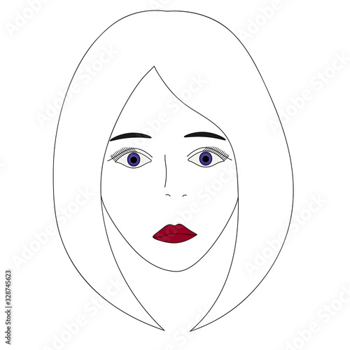 Vector illustration of a girl's face with violet eyes. Full face. Long eyelashes. Black eyebrows. Her lips were painted scarlet. Hairstyle the classic Bob. Face on an isolated background. 