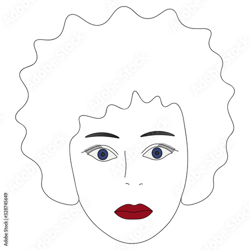 Vector illustration of a girl's face with blue eyes. Full face. Hairstyle lush curls. Her plump lips were painted bright red. Face on an isolated background. Idea for a book, magazine, or web design. 