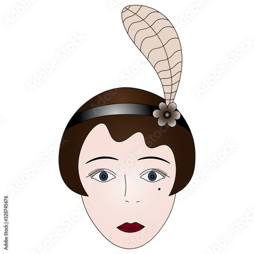 Vector illustration of an elegant girl's face from 1920.Hairstyle a La Garcon. Headdress made of a headband with a flower brooch and a feather. Face with a mole on an isolated background.Retro-style.