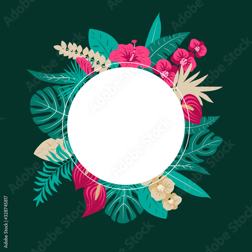 Abstract tropics Collection. Tropical exotic vector flowers and leaves. Set floral illustration. Collection for invitation to party or holiday