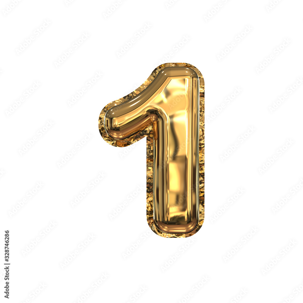 Golden Foil Helium Balloons Cyrillic Typeface. 3D Render of Numbers Isolated on White Background. Number One 1.