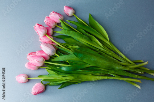 A bouquet of pink tulips on the table for International Women s Day