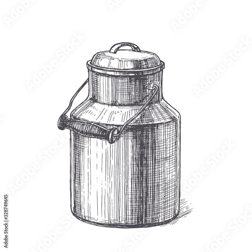 Vector vintage illustration with milk can in engraving style. Hand drawn sketch with natural farm product in metallic canister isolated on white