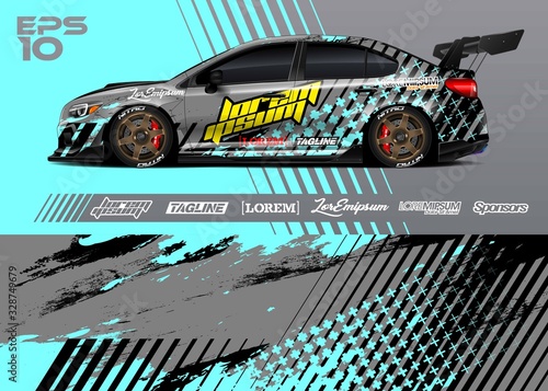 Car graphic livery design vector. Abstract stripe racing background for wrap race car, rally, drift car, cargo van, pickup truck and adventure vehicle. Full vector Eps 10.