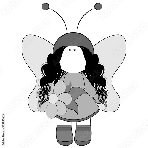 Fairy with wings in a magnificent dress and with a flower in her hand - shades of gray