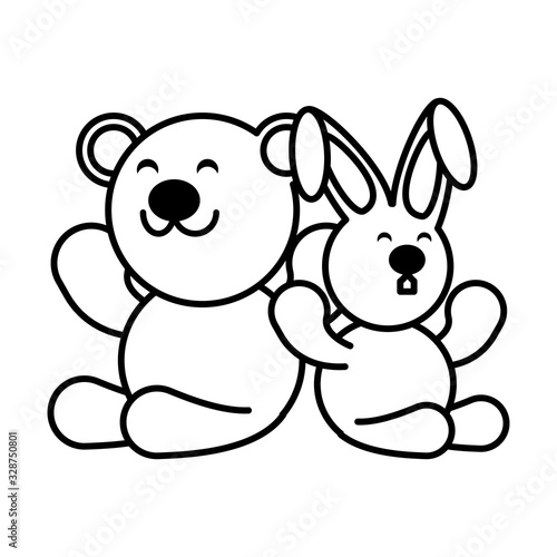 rabbit and teddy bear on white background, baby toys