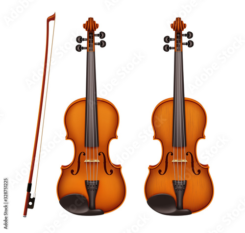 Realistic vector detailed violin with fiddlestick isolated on a white background. Classical stringed musical instrument with wooden texture. Layout design for banners and presentations