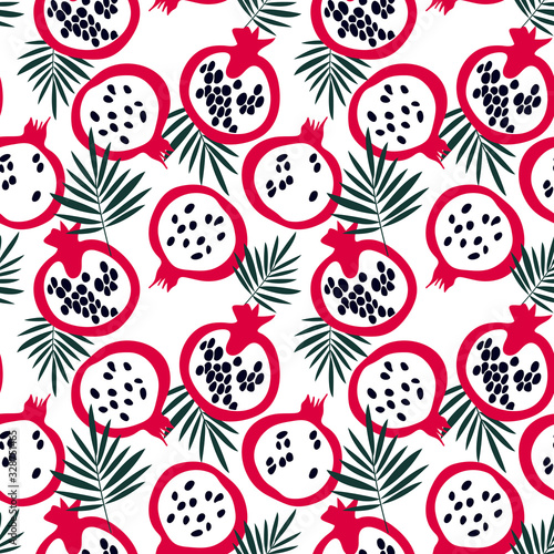 Trendy seamless pattern with pomegranate and leaves. Summer print with fruits in scandinavian style.
