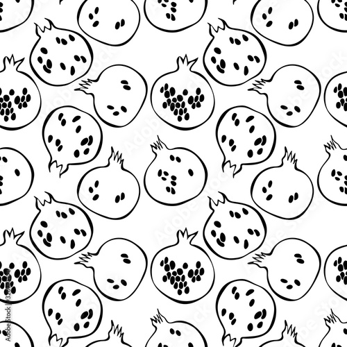 Trendy seamless pattern with pomegranate and leaves. Summer print with fruits in scandinavian style.